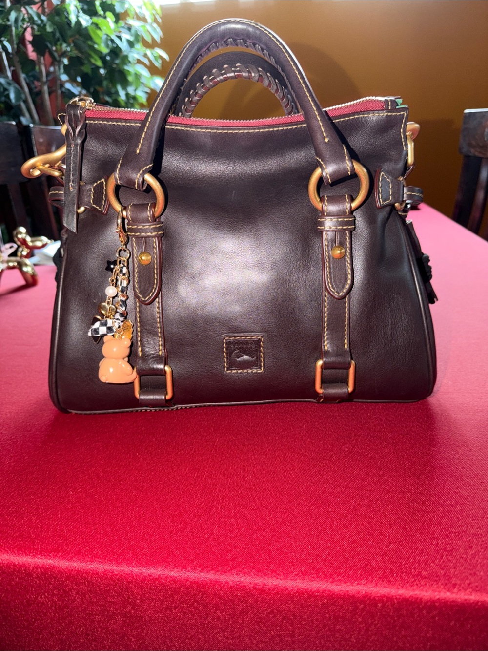 Dooney & Bourke Brown Tomro REGULAR Satchel with Gold Hardware and Red Trim